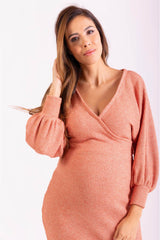 Chunky Knit Wrap Maternity & Breastfeeding Dress in Peach Sparkle