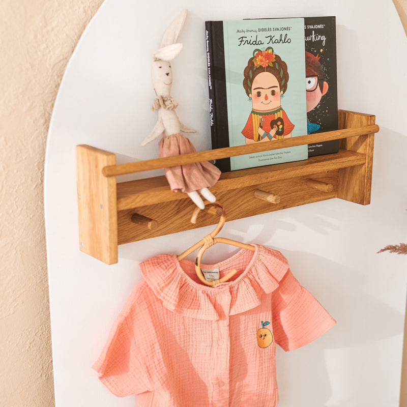 Floating Kids Bookshelf With Coat Hooks Made of Solid Oak