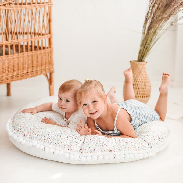 Big Floor Cushion With Pompoms in Colour Drops on White