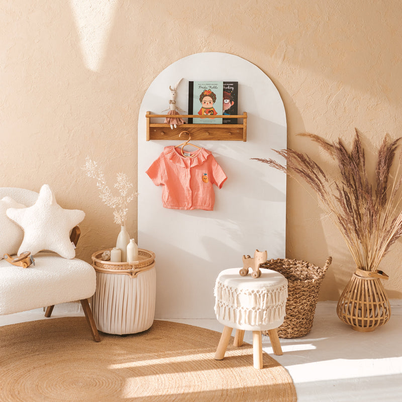 Floating Kids Bookshelf With Coat Hooks Made of Solid Oak