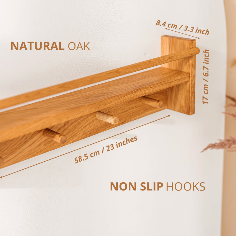 Floating Kids Bookshelf With Coat Hooks Made of Solid Oak