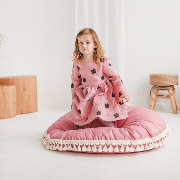 Large Floor Cushion With Tassels in Rose