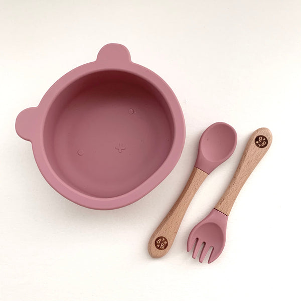 Rose 'CUB' Silicone Suction Bowl and Cutlery  Set