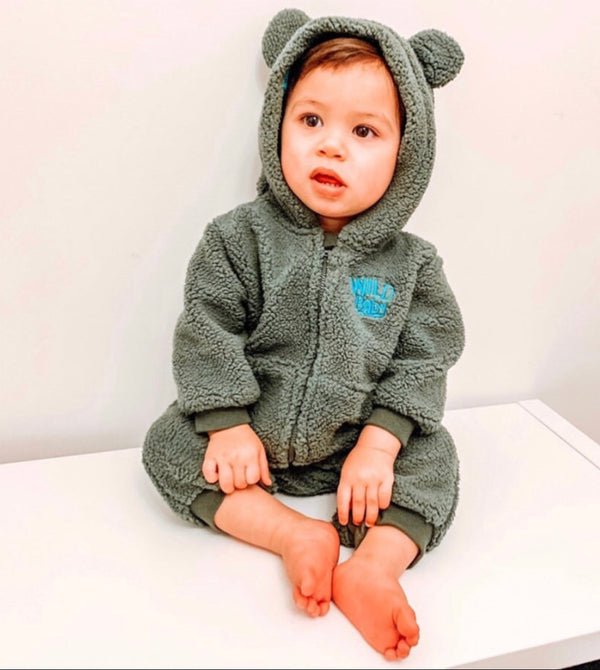 Khaki Teddy Bear Ears Fleece Hooded Zipped Onesie