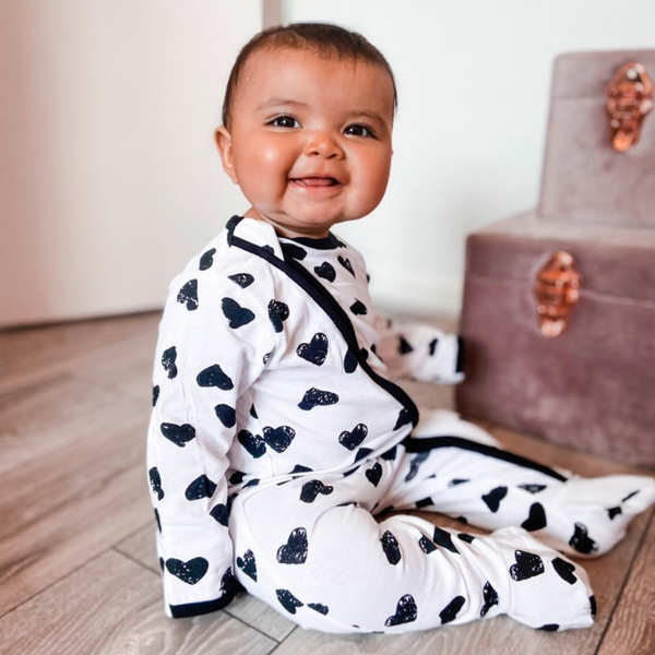 Black and White Heart Print Zipped Babygrow