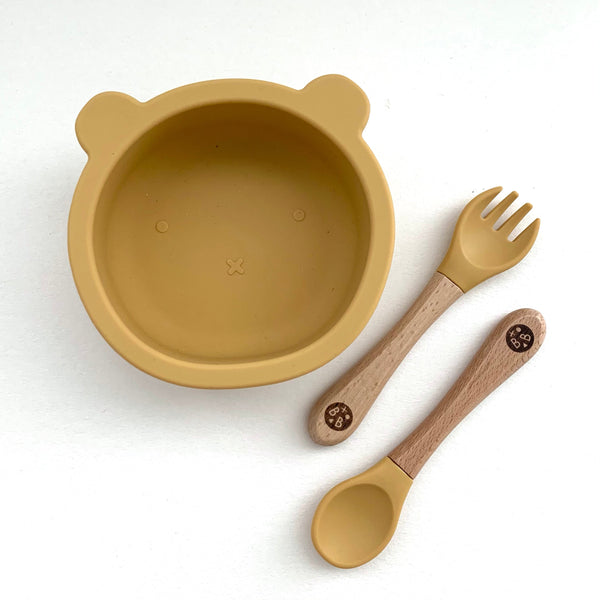 Mustard 'CUB' Silicone Suction Bowl and Cutlery  Set