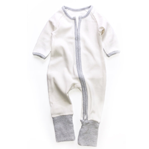 White and Grey Ribbed Zipped Footless Babygrow