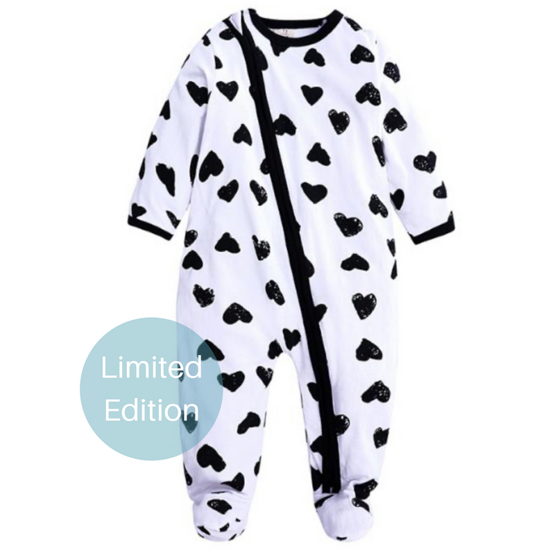 Black and White Heart Print Zipped Babygrow