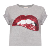 Cropped Grey Maternity T-Shirt, Sequin Applique Lips