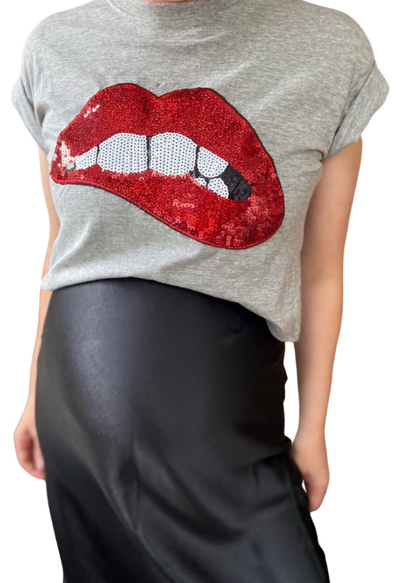 Cropped Grey Maternity T-Shirt, Sequin Applique Lips