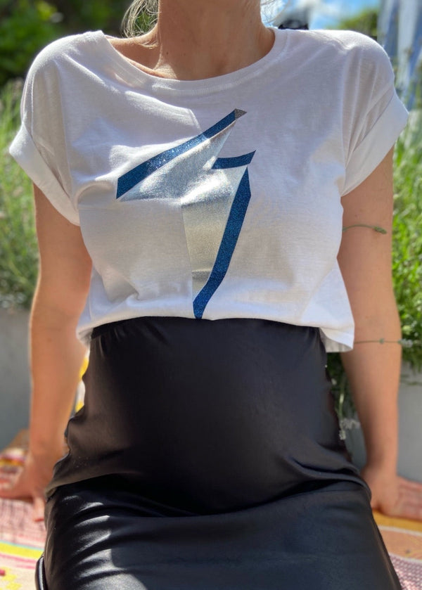 Cropped White Maternity T-Shirt, Silver Lightening Bolt