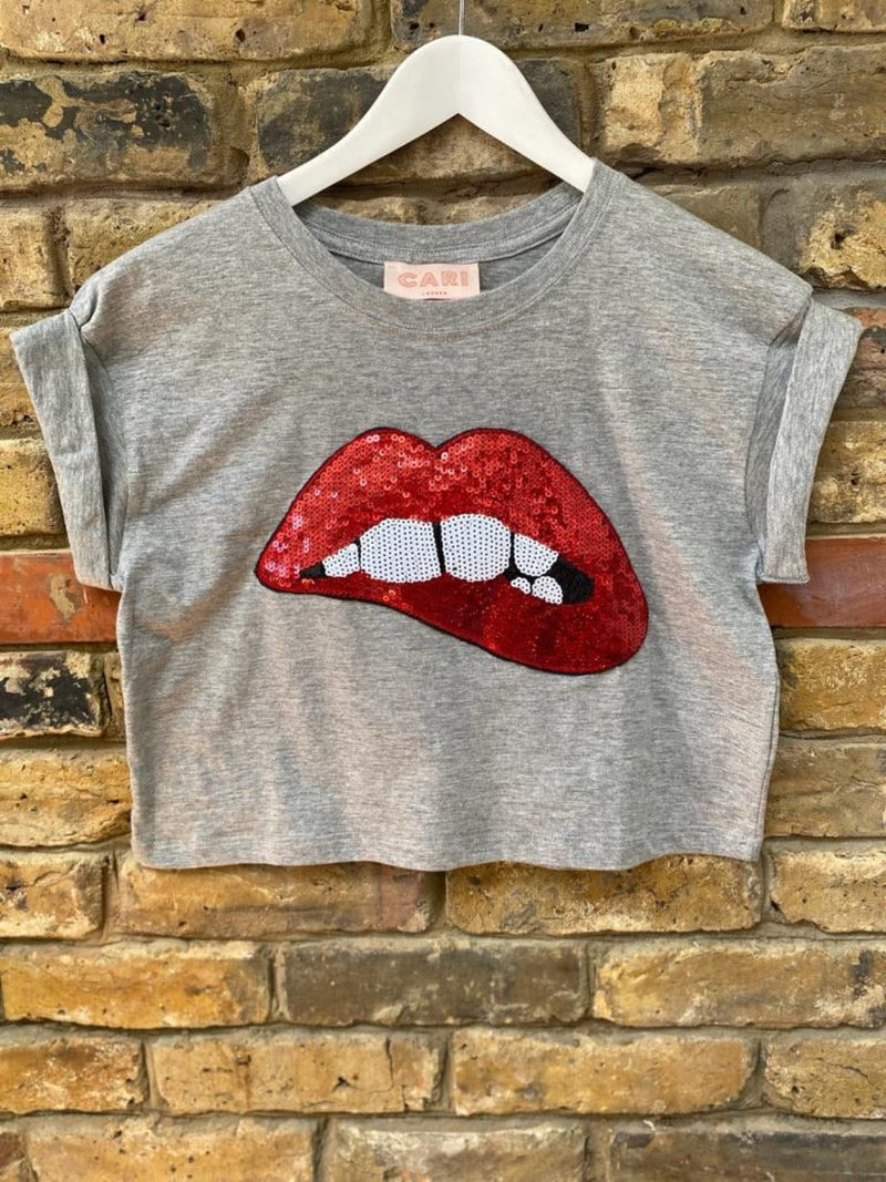 Cropped Grey Maternity T-Shirt, Sequin Applique Lips