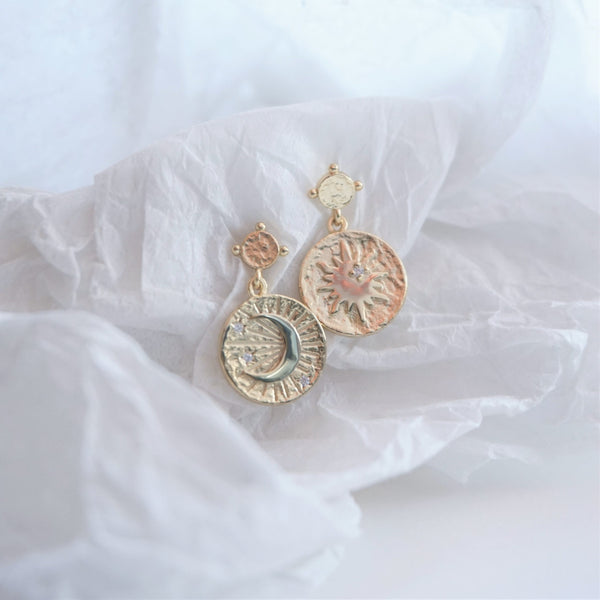 Gold Sun and Moon Drop Earrings