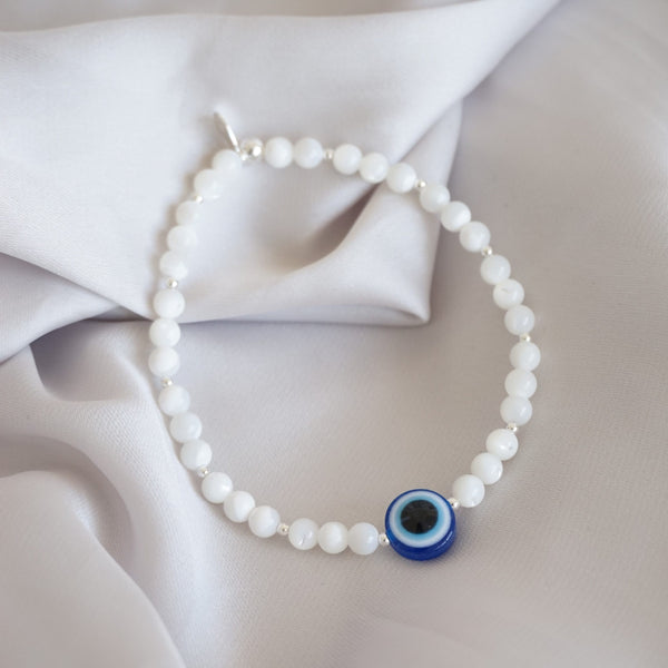 Sterling Silver and Mother of Pearl Bracelet With Evil Eye