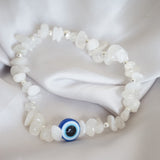 Sterling Silver and Moonstone Chip Bracelet With Evil Eye