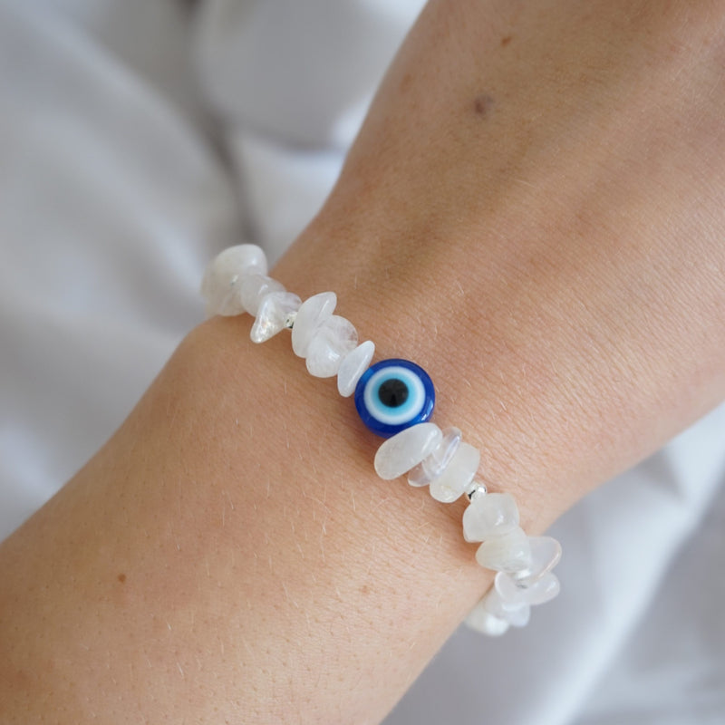 Sterling Silver and Moonstone Chip Bracelet With Evil Eye