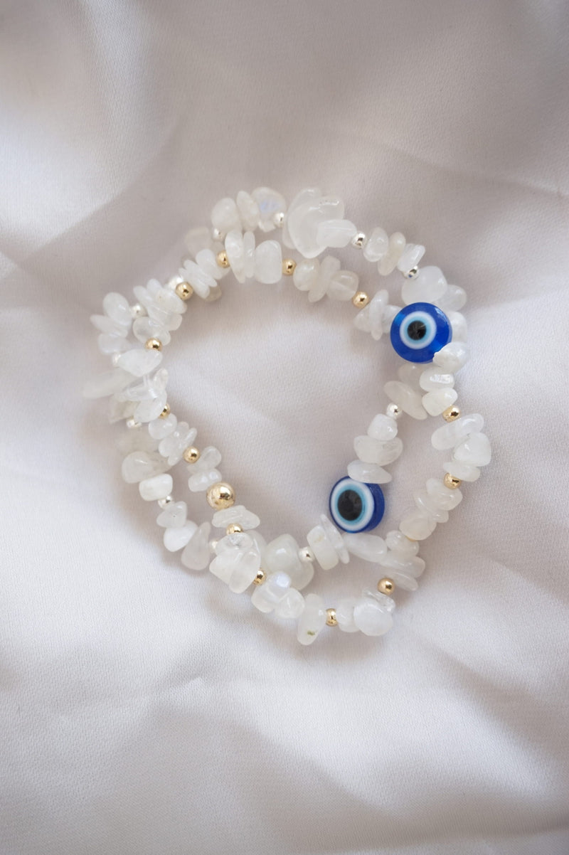 Sterling Silver and Moonstone Chip Bracelet With Evil Eye