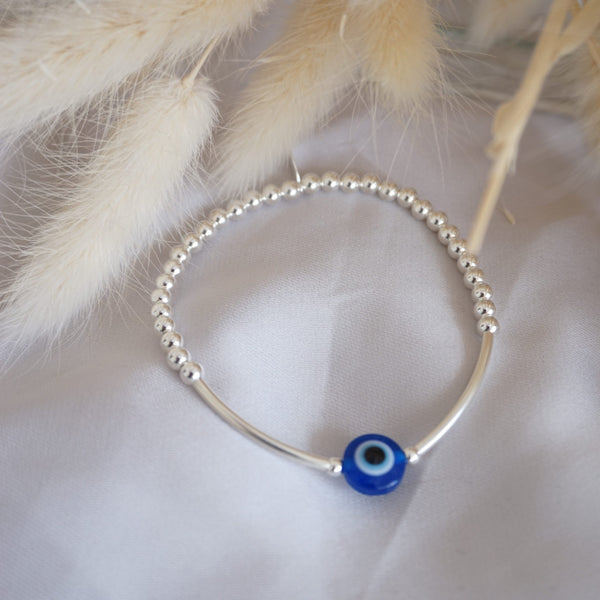 Sterling Silver Beaded Noodle Bracelet With Evil Eye