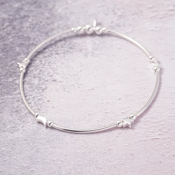 Sterling Silver Star and Moon Noodle Bracelet