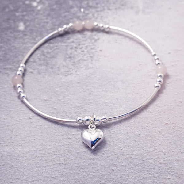 Sterling Silver Rose Quartz Noodle Bracelet With Heart