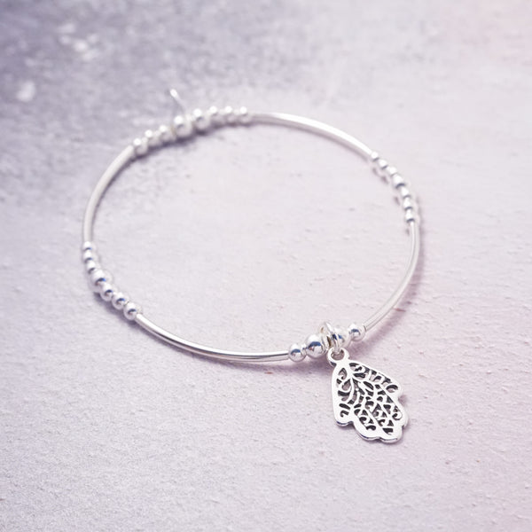 Sterling Silver Noodle Bracelet With Hamsa Hand