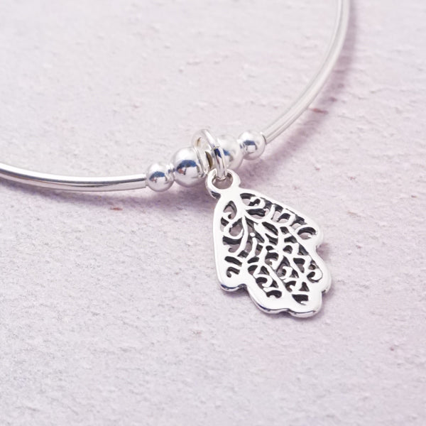 Sterling Silver Noodle Bracelet With Hamsa Hand