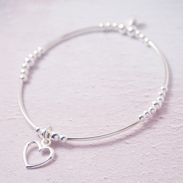 Sterling Silver Noodle Bracelet With Open Heart Charm