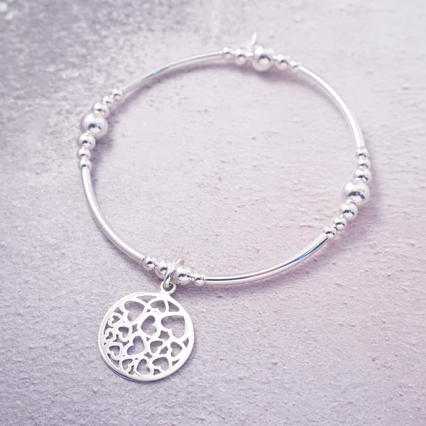 Sterling Silver Hearts Circle Chunky Noodle Bracelet