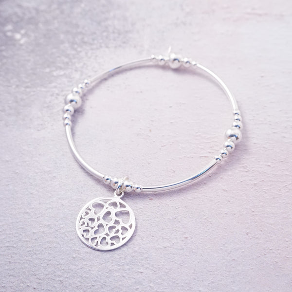 Sterling Silver Hearts Circle Chunky Noodle Bracelet